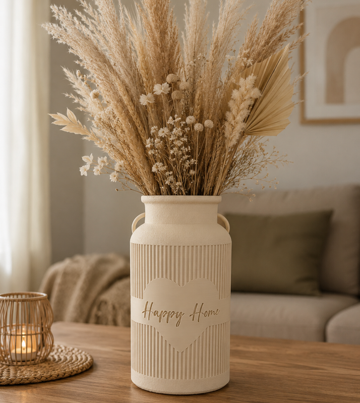 Dekorative Milchkanne „Happy Home“ – Vase für Trockenblumen
